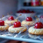 Teglia di dolcetti coperta con pellicola in frigorifero.