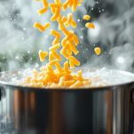 Pasta che cuoce in pentola con acqua salata.