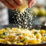 Pasta con zucchine mantecata con Parmigiano.