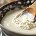 Padella con ricotta e latte che si amalgamano formando una crema