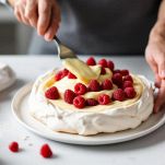 Meringa farcita con crema e lamponi sul piatto da portata.