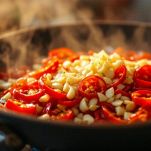 Aglio e peperoncino che soffriggono in padella.