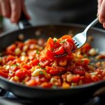 Pomodori pelati schiacciati con forchetta in padella.