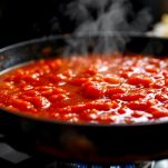 Salsa al pomodoro che sobbolle e si addensa.