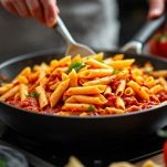Penne saltate nella salsa in padella.