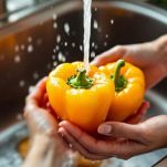 Peperoni puliti e aperti dopo il lavaggio.