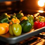 Peperoni interi in forno a 220 gradi.