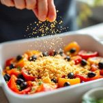 Pangrattato cosparso sui peperoni nella pirofila.