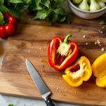 Peperoni lavati e puliti dopo il taglio a metà.