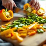 Peperoni tagliati a losanghe su tagliere.