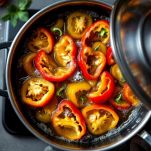 Peperoni che cuociono coperti con condimenti.