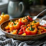 Peperoni cotti pronti per essere impiattati nel piatto da portata.