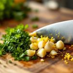 Trito di aglio, erbe e scorza di limone su tagliere.