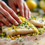 Pesce spada ricoperto con trito di erbe e agrumi.