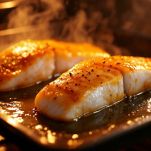 Teglia con pesce spada che cuoce nel forno caldo.