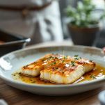 Pesce spada cotto impiattato con fondo di cottura.