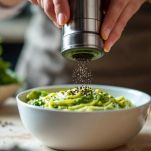 Pepe macinato aggiunto al pesto di rucola.