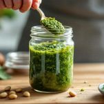 Pesto di rucola conservato in barattolo ermetico.