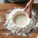 Farina a fontana con acqua e sale nella cavità centrale.
