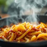 Pici mantecati in padella con il condimento.