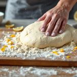 Ingredienti per impasto dolce raccolti sul piano di lavoro.