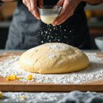 Impasto che riposa coperto su piano infarinato.