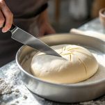 Impasto rotondo in teglia imburrata e infarinata.