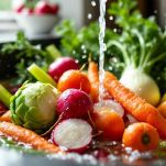 Verdure fresche sciacquate sotto l’acqua.