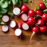 Ravanelli puliti disposti sul tagliere.