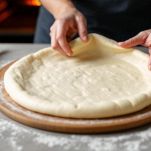 Impasto allargato con le dita in teglia rotonda.