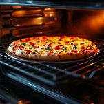 Teglia con pizza che cuoce in forno caldo.