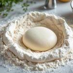 Farina a fontana con lievitino nella cavità centrale.