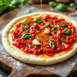 Pizza condita con pomodoro, aglio e aromi.