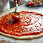 Base pizza con pomodoro lasciando bordo libero.