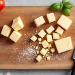 Formaggio e burro a cubetti su tagliere.