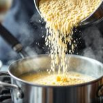 Farina per polenta versata nella pentola in ebollizione.