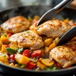 Pollo che rosola insieme al soffritto.