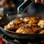 Pollo alla birra impiattato caldo.