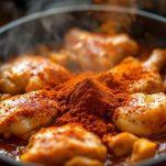 Spezie sciolte aggiunte al tegame con pollo.