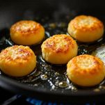 Polpette che dorano in padella antiaderente.