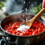 Pentola con sugo di pomodoro che sobbolle.