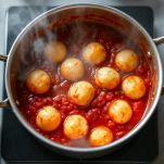 Polpette immerse e cotte nel sugo di pomodoro.