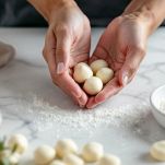Polpette di ricotta infarinate su vassoio.