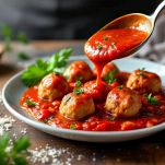 Polpette di tonno impiattate con salsa calda.