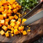 Cubetti di zucca fresca su tagliere.