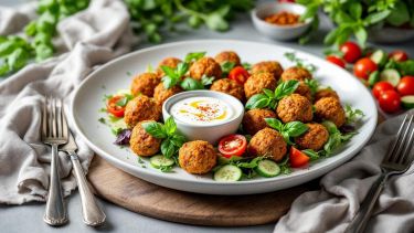 Polpettine di lenticchie dorate servite con foglie di basilico