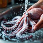 Polpo pulito e sciacquato sotto l’acqua.