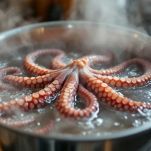 Polpo che cuoce in pentola con acqua bollente.