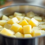 Cubetti di patate che cuociono in pentola.