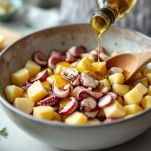 Polpo e patate conditi in ciotola.